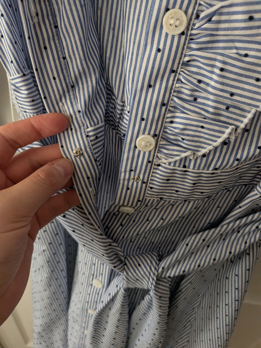 Court & Rowe Dotted Blue Pin Stripe Ruffle-Front Button Dress - Picture 7 of 9